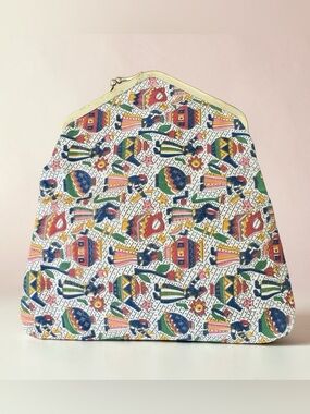 Vtg 70s Madhubani Foldable Clutch Bag India Folk Art Tribal Boho Peasant Festi